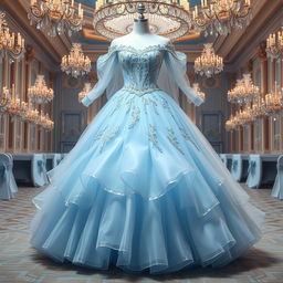 A stunning dress design inspired by Cinderella, featuring an elegant ball gown silhouette with a fitted bodice and a flowing, layered skirt that billows elegantly