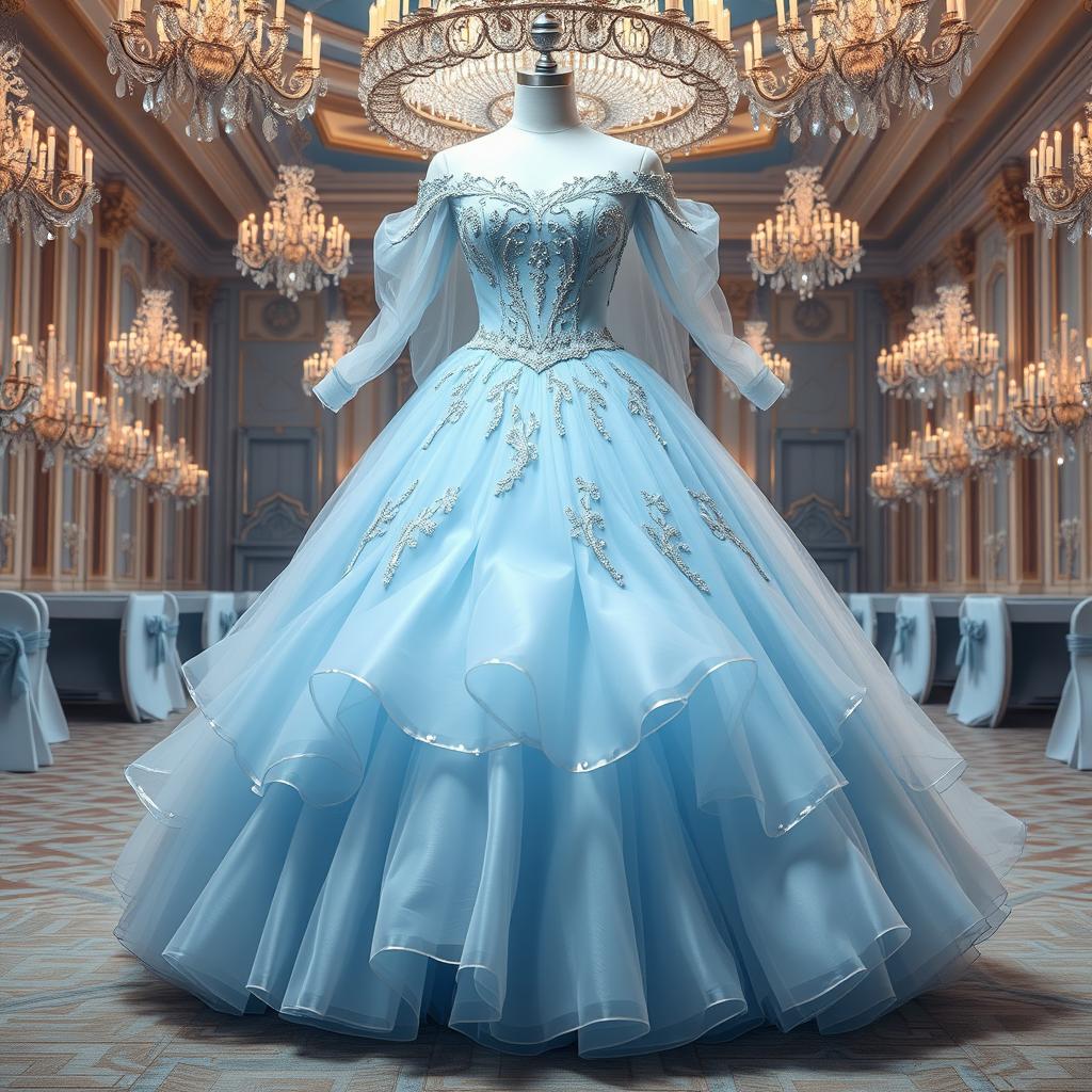 A stunning dress design inspired by Cinderella, featuring an elegant ball gown silhouette with a fitted bodice and a flowing, layered skirt that billows elegantly