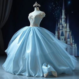 A stunning dress design inspired by Cinderella, featuring a flowing silhouette with a fitted bodice and an elegant ball gown skirt