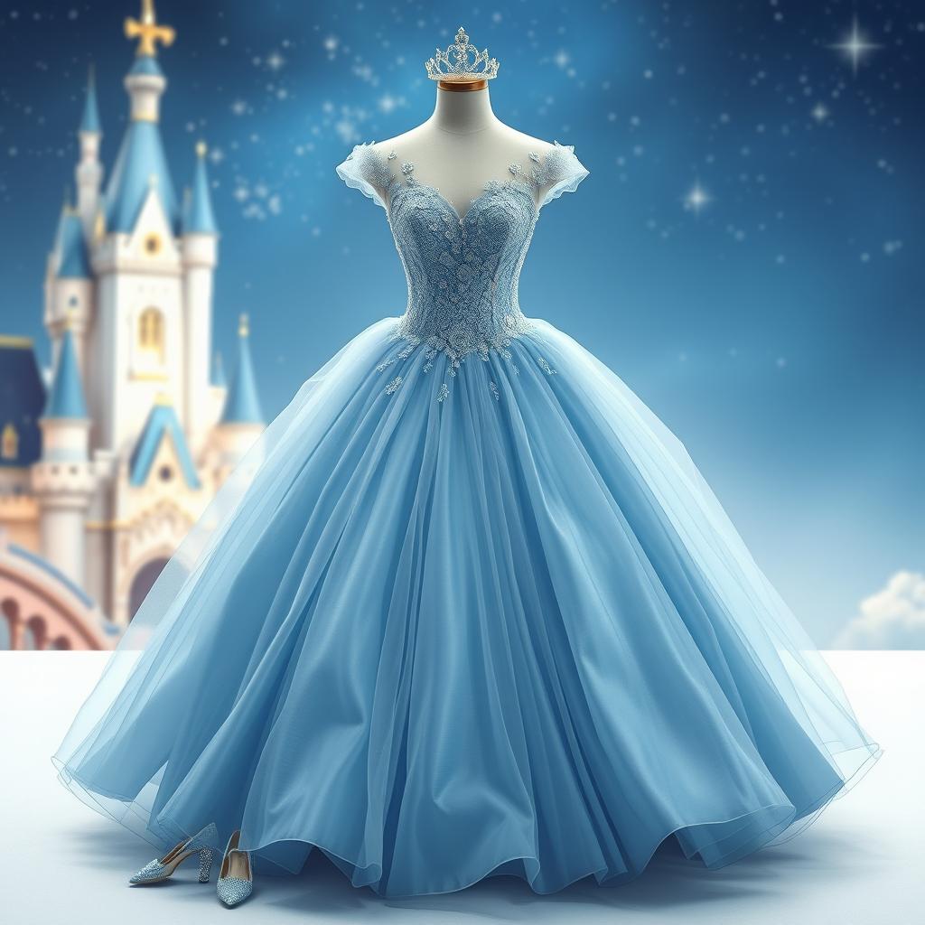 A stunning dress design inspired by Cinderella, featuring a flowing silhouette with a fitted bodice and an elegant ball gown skirt