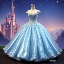 A stunning dress design inspired by Cinderella, featuring a flowing silhouette with a fitted bodice and an elegant ball gown skirt