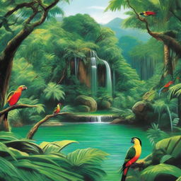 A lush green jungle with a clear waterfall cascading down a rocky cliff into a serene pool. Colorful, tropical birds are perched in the canopy, their vibrant hues contrasting with the verdant foliage surrounding them.