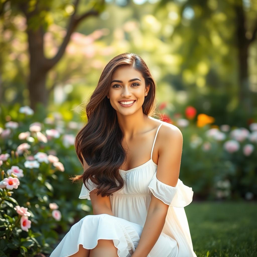 A stunning brunette woman sitting in a sunlit garden, wearing a flowy summer dress that sways gently in the breeze