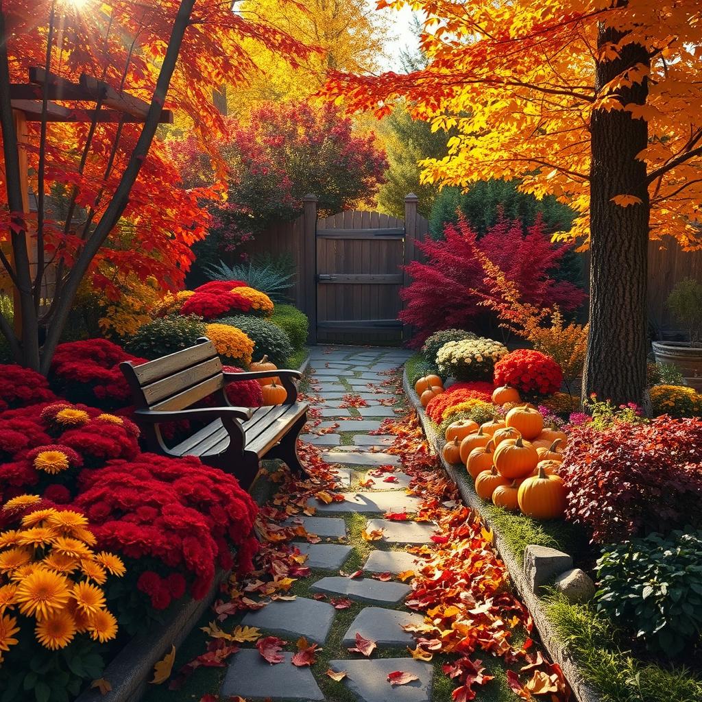 A picturesque autumn garden scene filled with vibrant fall foliage in shades of red, orange, and yellow