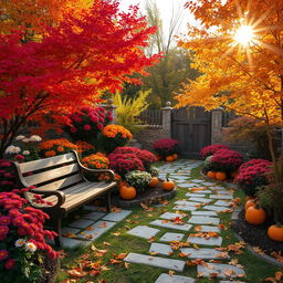 A picturesque autumn garden scene filled with vibrant fall foliage in shades of red, orange, and yellow