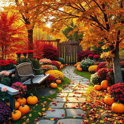 A picturesque autumn garden scene filled with vibrant fall foliage in shades of red, orange, and yellow
