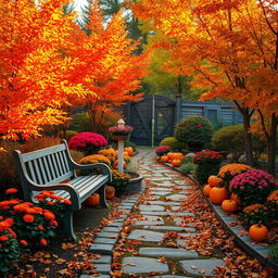 A picturesque autumn garden scene filled with vibrant fall foliage in shades of red, orange, and yellow