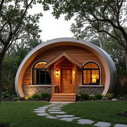 A single-storey cabin house inspired by the shape and design of a cocoon, featuring a unique facade that integrates various architectural design principles