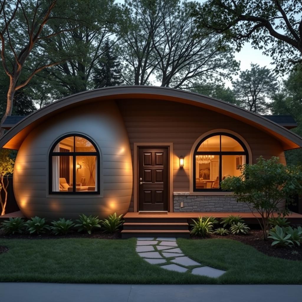A single-storey cabin house inspired by the shape and design of a cocoon, featuring a unique facade that integrates various architectural design principles