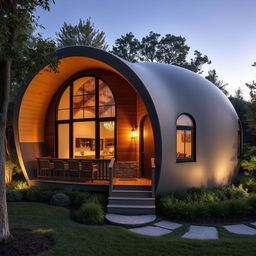 A single-storey cabin house inspired by the shape and design of a cocoon, featuring a unique facade that integrates various architectural design principles