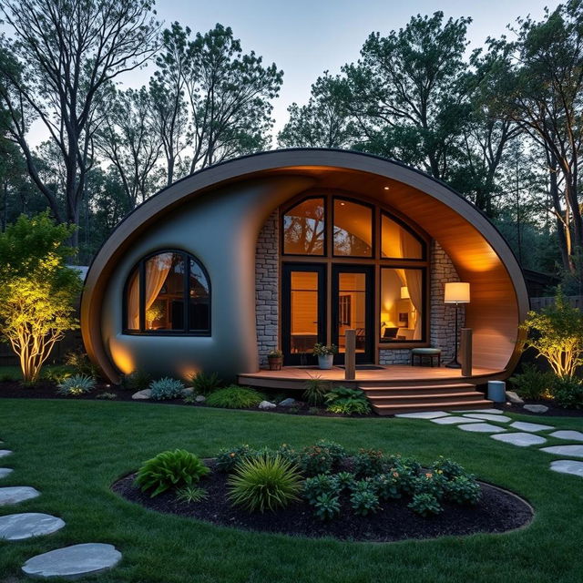 A single-storey cabin house inspired by the shape and design of a cocoon, featuring a unique facade that integrates various architectural design principles