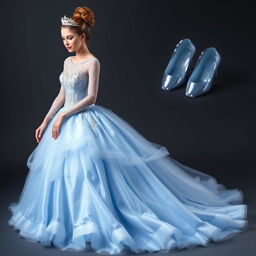 A stunning dress design inspired by Cinderella, featuring a beautiful, flowing ball gown with layers of soft, shimmering blue fabric, reminiscent of the iconic fairy tale