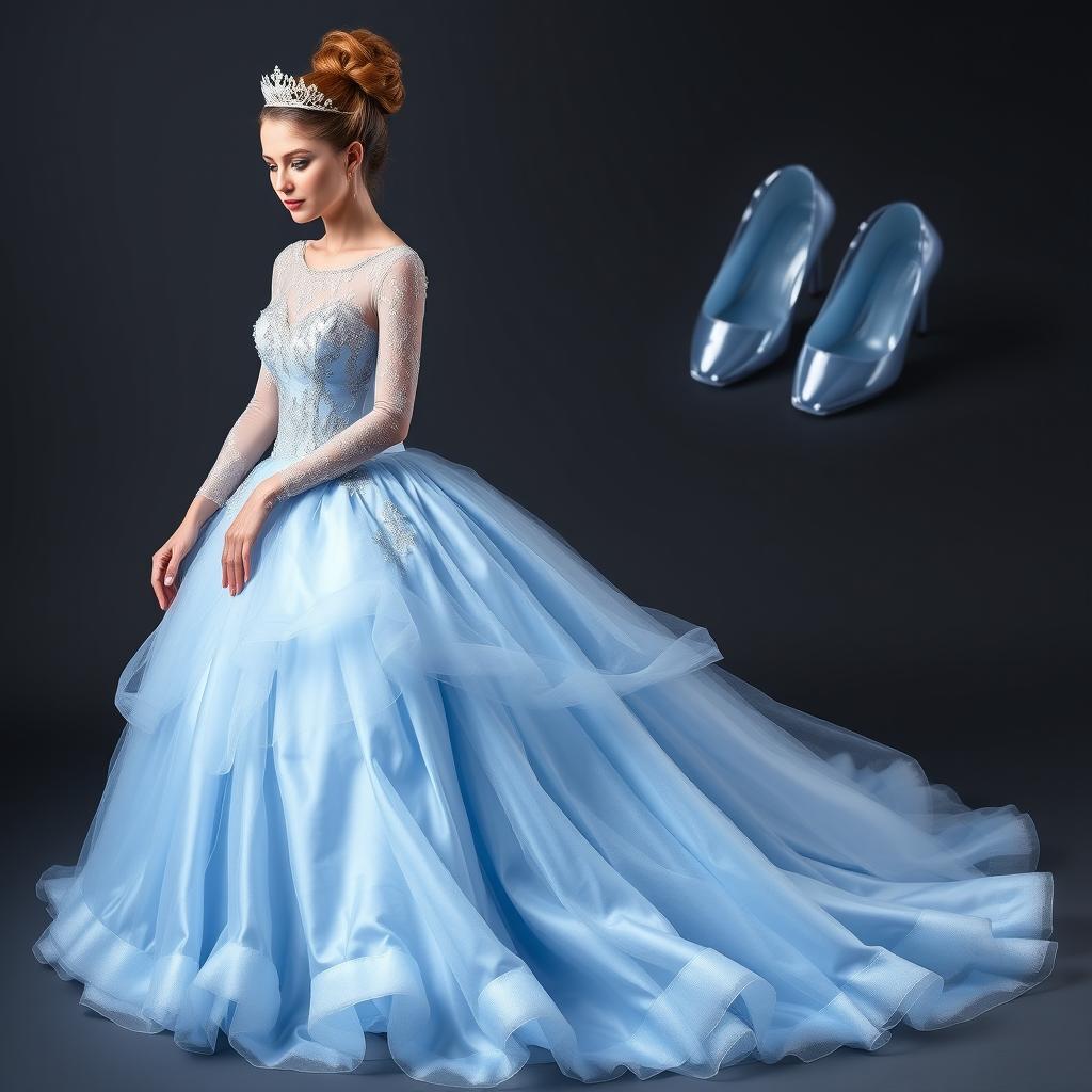 A stunning dress design inspired by Cinderella, featuring a beautiful, flowing ball gown with layers of soft, shimmering blue fabric, reminiscent of the iconic fairy tale