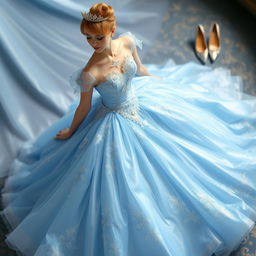 A stunning dress design inspired by Cinderella, featuring a beautiful, flowing ball gown with layers of soft, shimmering blue fabric, reminiscent of the iconic fairy tale
