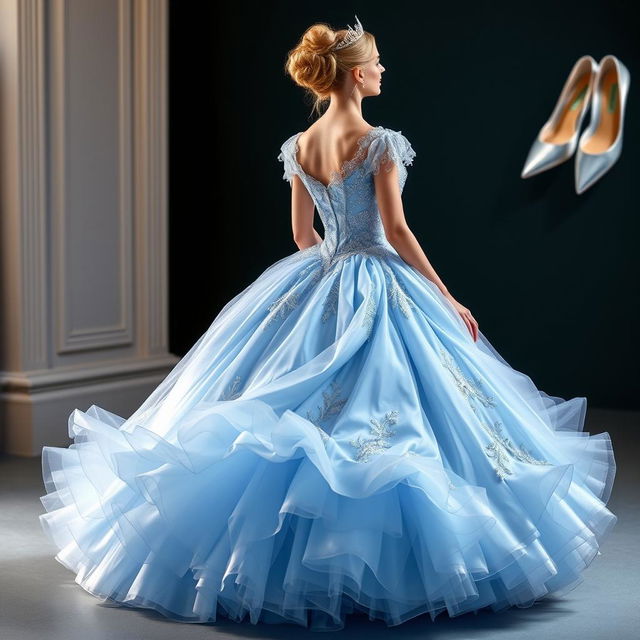A stunning dress design inspired by Cinderella, featuring a beautiful, flowing ball gown with layers of soft, shimmering blue fabric, reminiscent of the iconic fairy tale