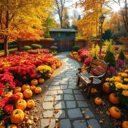 A wide angle view of a picturesque autumn garden scene filled with vibrant fall foliage in shades of red, orange, and yellow