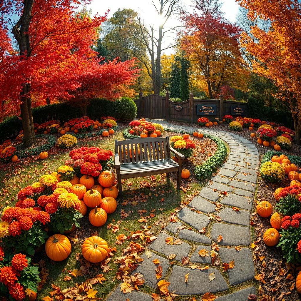A wide angle view of a picturesque autumn garden scene filled with vibrant fall foliage in shades of red, orange, and yellow