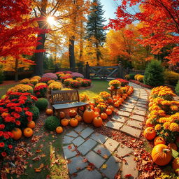 A wide angle view of a picturesque autumn garden scene filled with vibrant fall foliage in shades of red, orange, and yellow