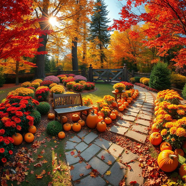 A wide angle view of a picturesque autumn garden scene filled with vibrant fall foliage in shades of red, orange, and yellow