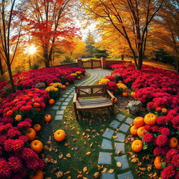 A wide angle view of a picturesque autumn garden scene filled with vibrant fall foliage in shades of red, orange, and yellow