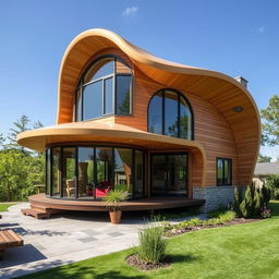 A stunning single-storey cabin inspired by the design of a cocoon, featuring a unique and organically shaped facade