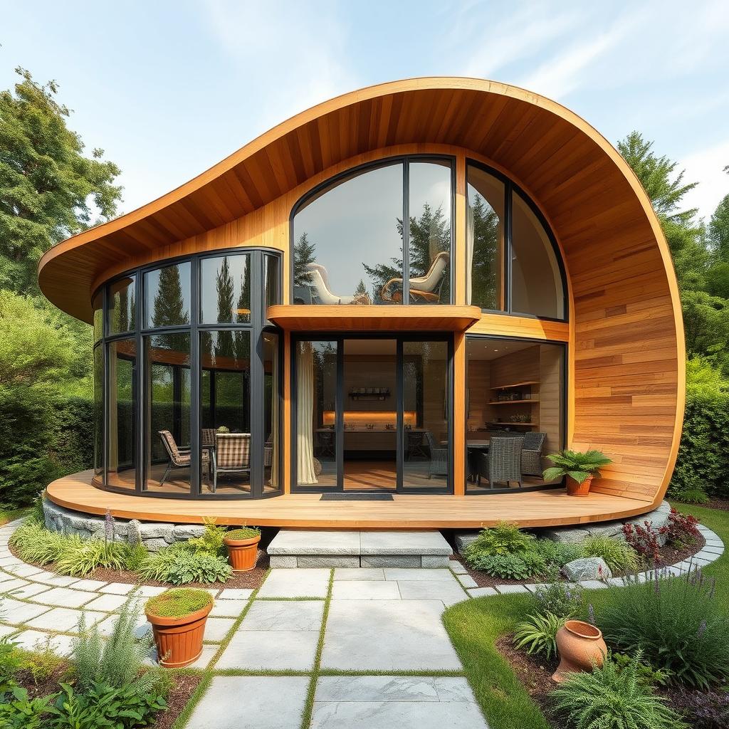 A stunning single-storey cabin inspired by the design of a cocoon, featuring a unique and organically shaped facade