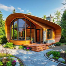 A stunning single-storey cabin inspired by the design of a cocoon, featuring a unique and organically shaped facade