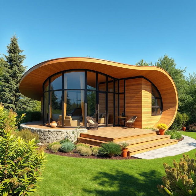 A stunning single-storey cabin inspired by the design of a cocoon, featuring a unique and organically shaped facade
