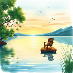 A serene lakeside scene, beautifully illustrated in watercolor, perfect for a book cover