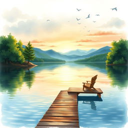 A serene lakeside scene, beautifully illustrated in watercolor, perfect for a book cover