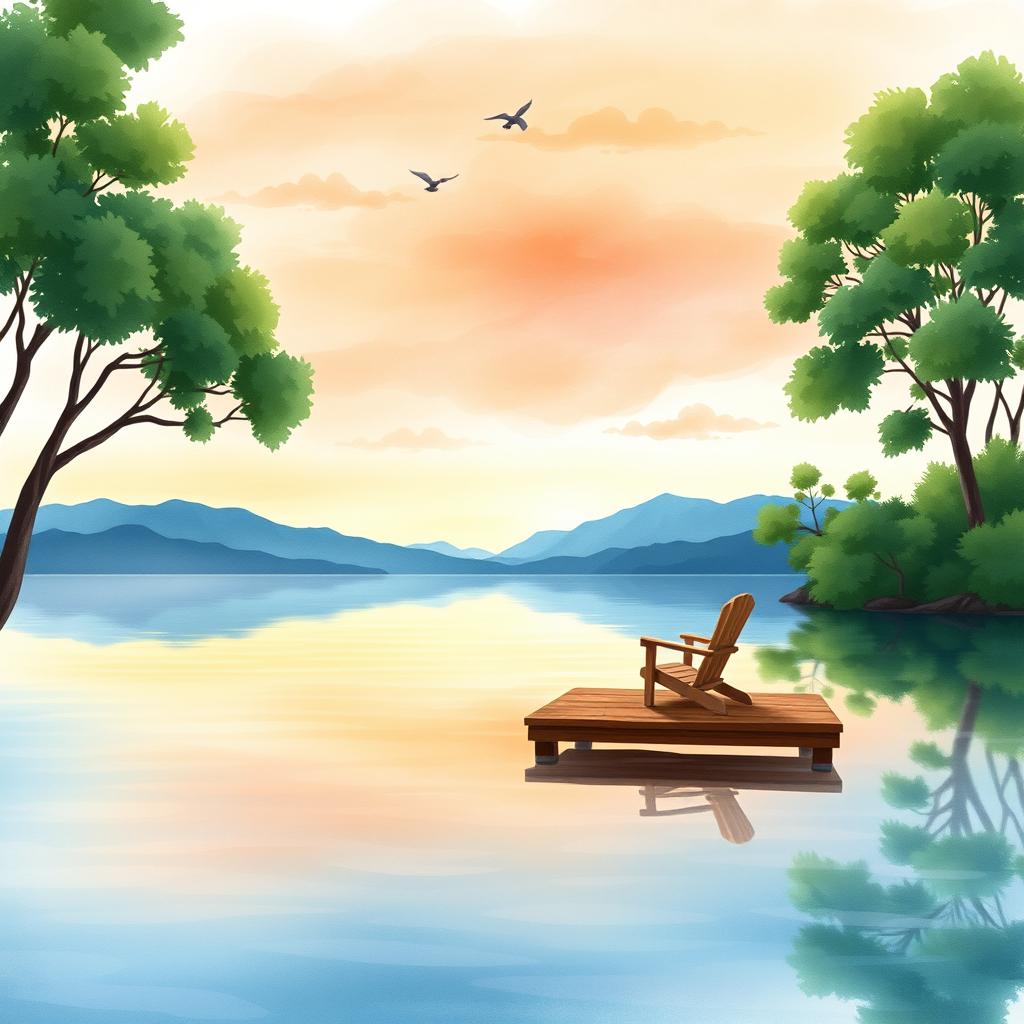 A serene lakeside scene, beautifully illustrated in watercolor, perfect for a book cover