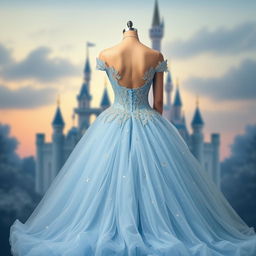 A stunning dress design inspired by Cinderella, featuring a beautiful light blue gown with elegant layers of tulle, adorned with sparkling sequins that mimic the night sky