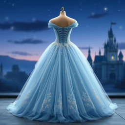 A stunning dress design inspired by Cinderella, featuring a beautiful light blue gown with elegant layers of tulle, adorned with sparkling sequins that mimic the night sky