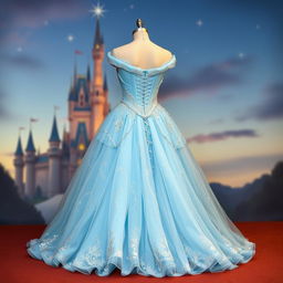 A stunning dress design inspired by Cinderella, featuring a beautiful light blue gown with elegant layers of tulle, adorned with sparkling sequins that mimic the night sky