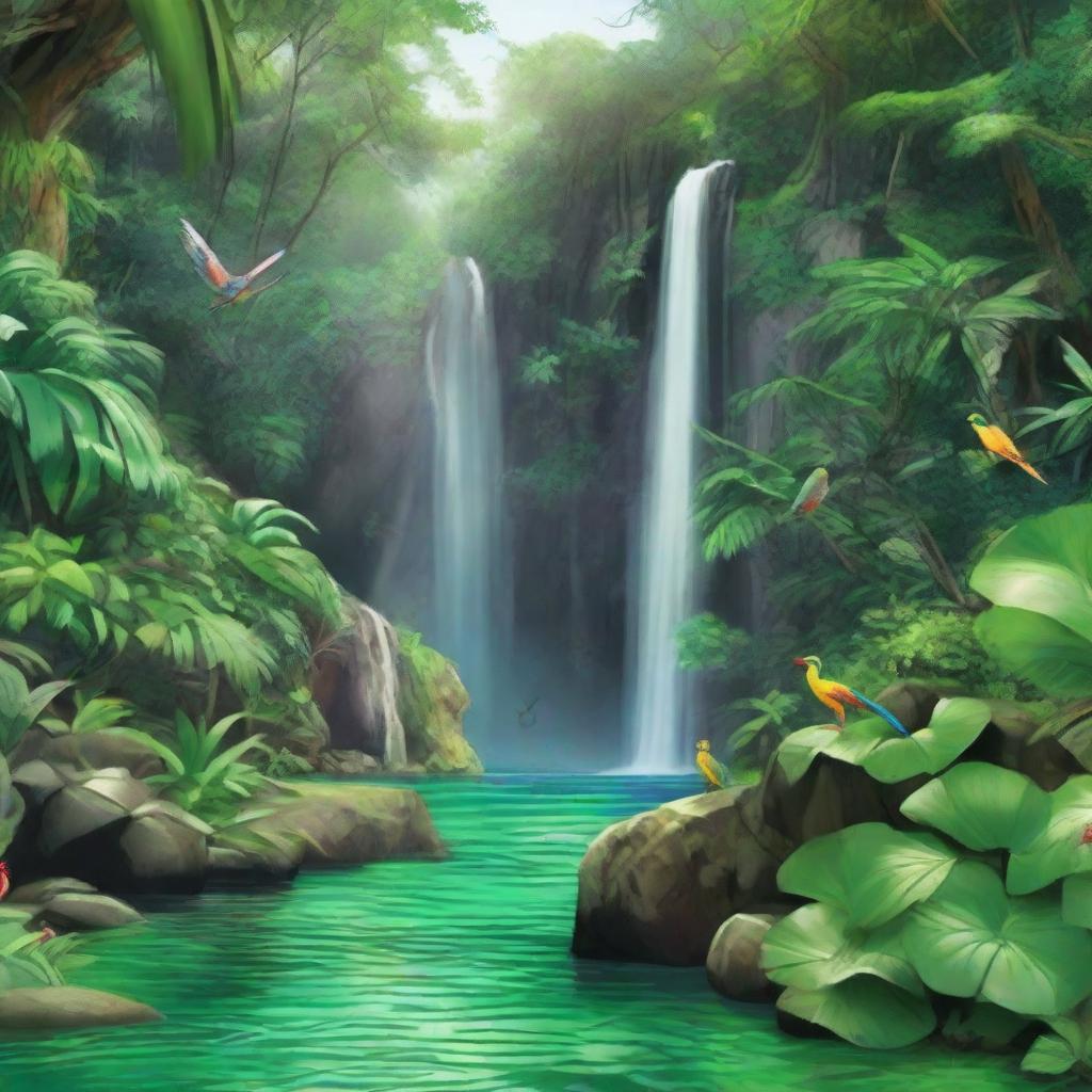 A lush green jungle with a clear waterfall cascading down a rocky cliff into a serene pool. Colorful, tropical birds are perched in the canopy, their vibrant hues contrasting with the verdant foliage surrounding them.