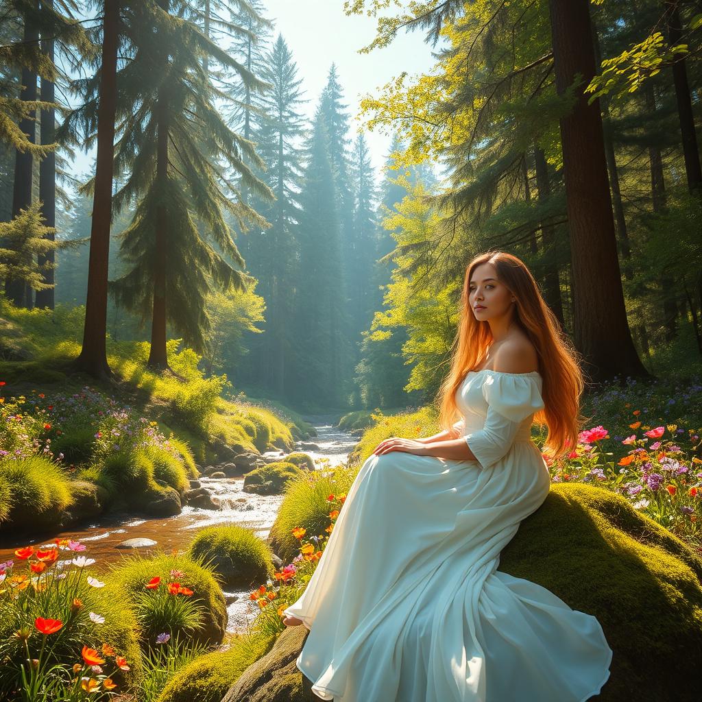 A serene and captivating scene featuring a lush, green forest bathed in warm sunlight