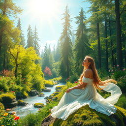 A serene and captivating scene featuring a lush, green forest bathed in warm sunlight