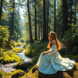 A serene and captivating scene featuring a lush, green forest bathed in warm sunlight