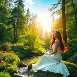 A serene and captivating scene featuring a lush, green forest bathed in warm sunlight