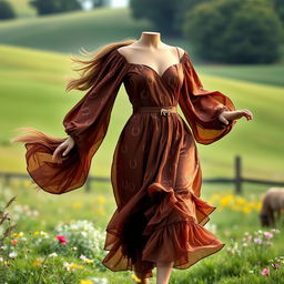 A stunning dress design inspired by elegant horses, featuring a flowing silhouette that mimics the grace and movement of a galloping stallion