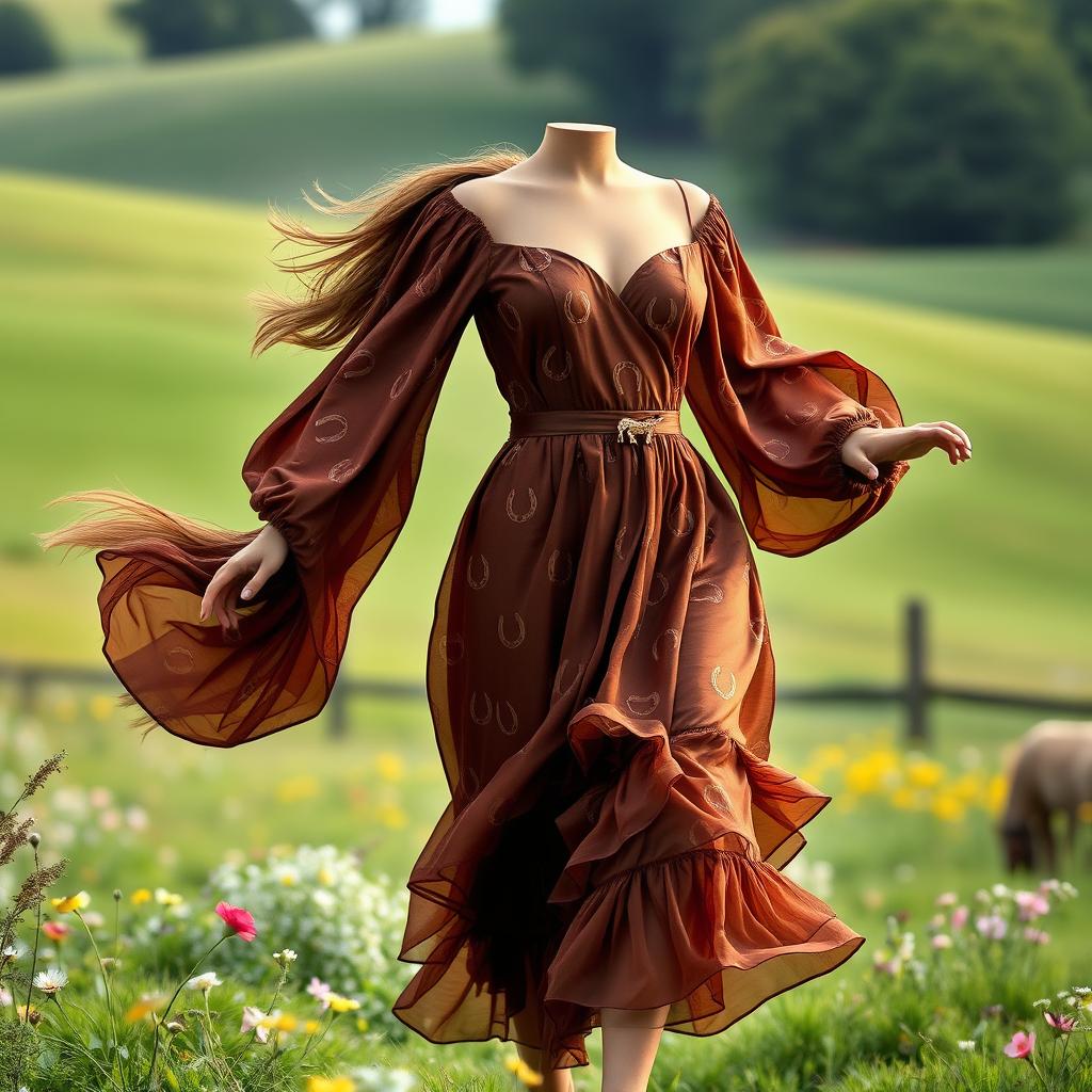 A stunning dress design inspired by elegant horses, featuring a flowing silhouette that mimics the grace and movement of a galloping stallion