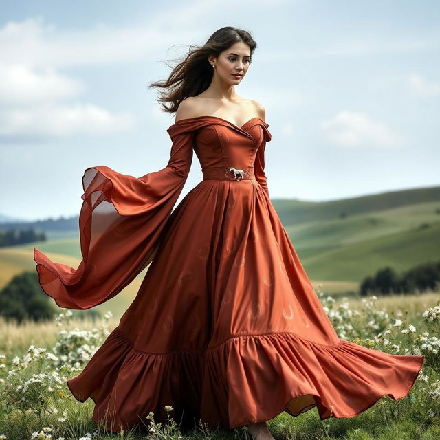 A stunning dress design inspired by elegant horses, featuring a flowing silhouette that mimics the grace and movement of a galloping stallion