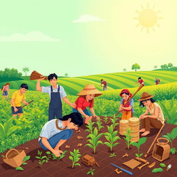 A vibrant and inspiring scene depicting the themes of hard work ('kasipagan'), perseverance ('pagpupunyagi'), and frugality ('pagtitipid')