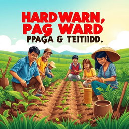 A vibrant and inspiring scene depicting the themes of hard work ('kasipagan'), perseverance ('pagpupunyagi'), and frugality ('pagtitipid')