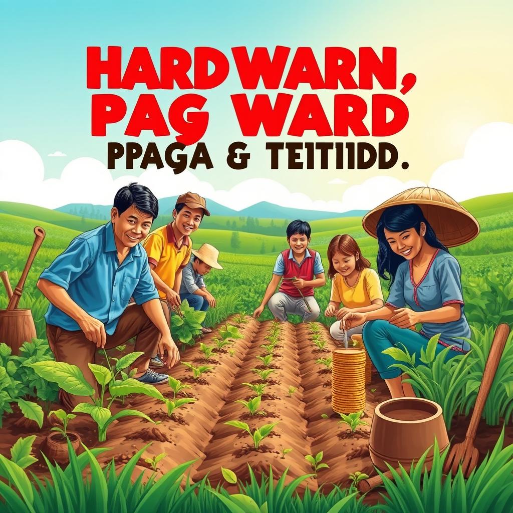A vibrant and inspiring scene depicting the themes of hard work ('kasipagan'), perseverance ('pagpupunyagi'), and frugality ('pagtitipid')
