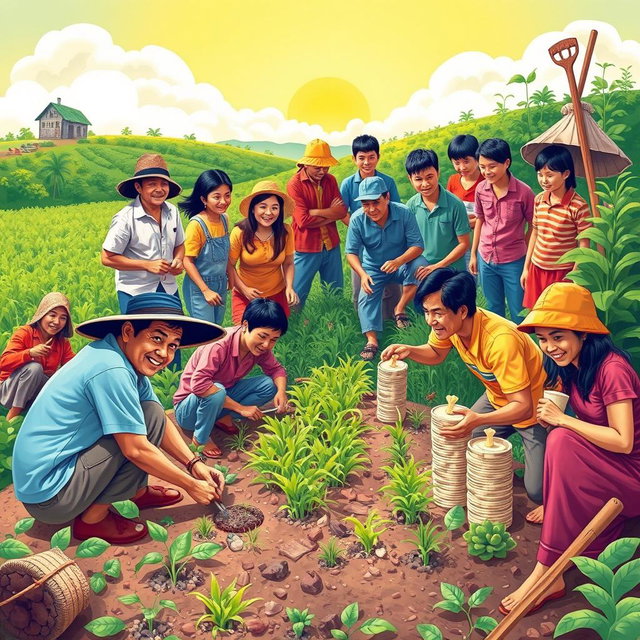 A vibrant and inspiring scene depicting the themes of hard work ('kasipagan'), perseverance ('pagpupunyagi'), and frugality ('pagtitipid')
