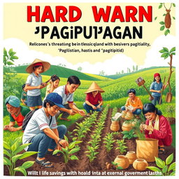 A vibrant and inspiring scene depicting the themes of hard work ('kasipagan'), perseverance ('pagpupunyagi'), and frugality ('pagtitipid')