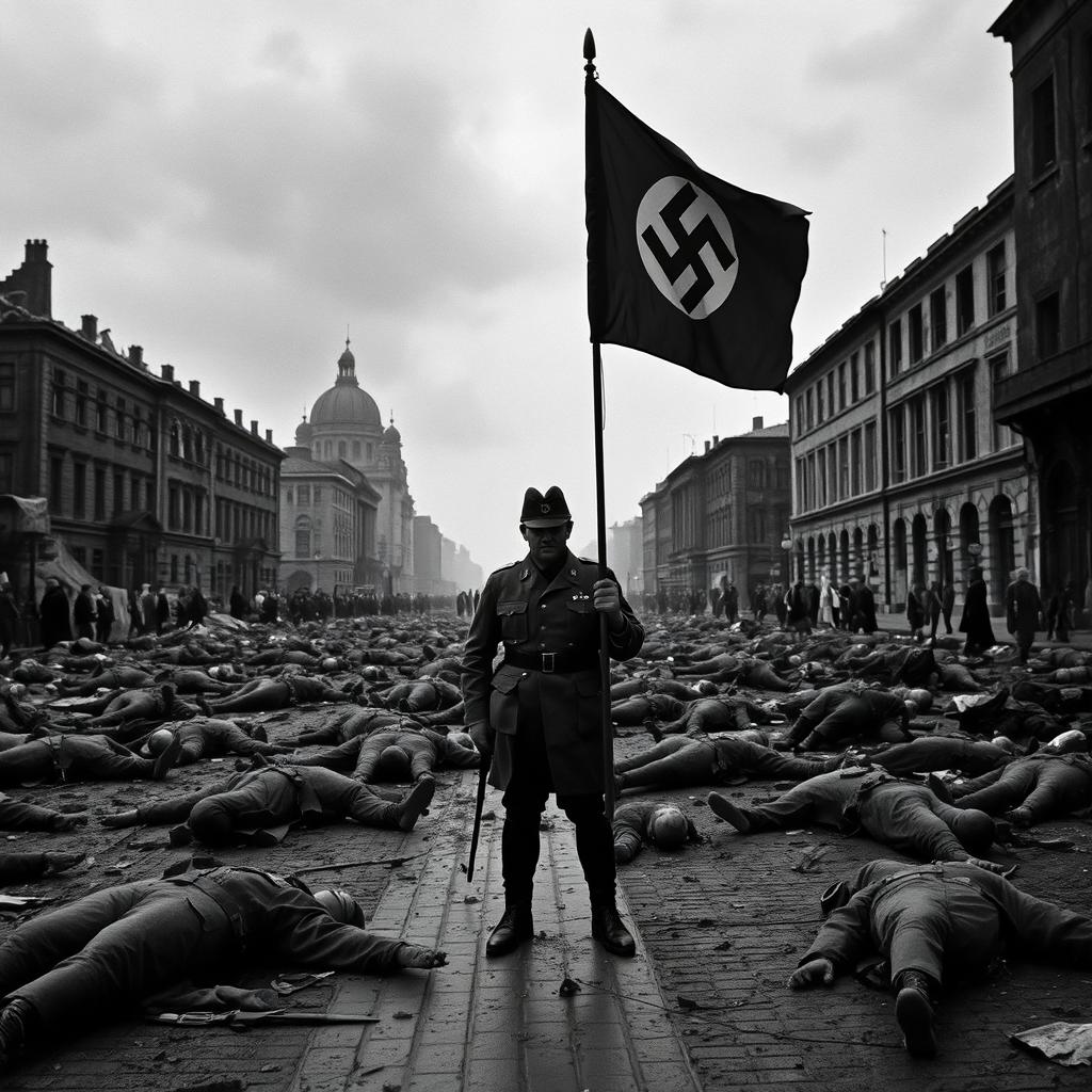 A haunting black and white photograph depicting a desolate street in Berlin in 1945