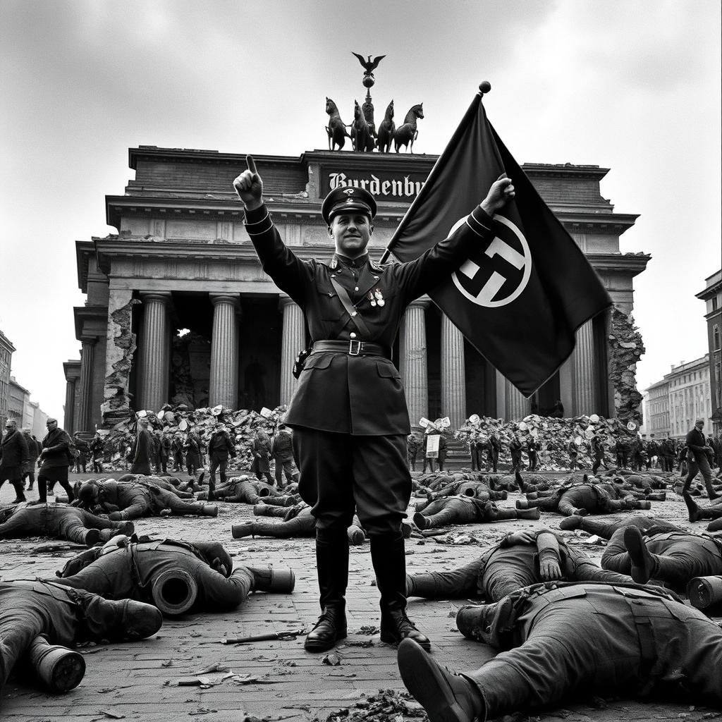 A historical representation of a devastated Berlin street in 1945, featuring a German soldier dressed in period-appropriate uniform standing in front of a crumbling building labeled 'Burdenburg'