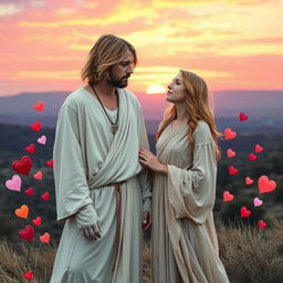 A surreal and emotional depiction of Kurt Cobain as a modern-day Jesus, standing with Mary Magdalene in a dramatic landscape